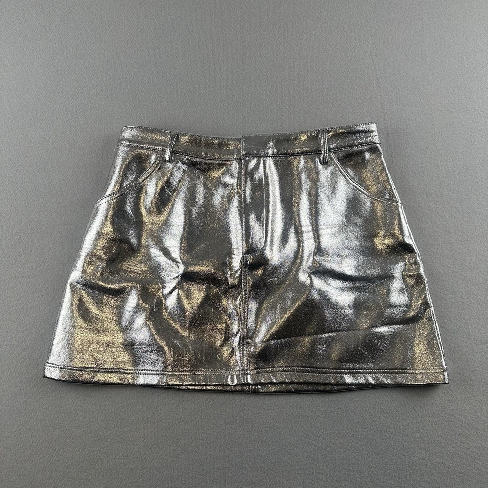 Bohme Mini Skirt Women Medium Silver Metallic A-Line High Shine Pockets S1334SB